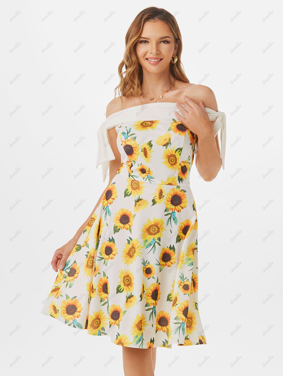 Summer Vacation Dress Sunflower Print Garden Party Dress Off Shoulder Tie Sleeve Mini Dress 