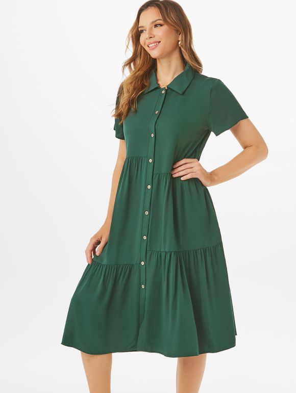 Robe Chemise Mi-Longue Boutonnée à Volants - Vert M