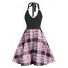Vintage Plaid Checkered Print Mini Dress O Ring Halter Bowknot Backless Dress Contrast Flare Skater Dress - BLACK S
