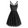 Lace Hem Grommet Velvet Caged A Line Dress - BLACK M