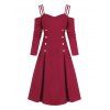 Mini Robe Style Marin à Epaule Ouverte à Manches Longues en Ligne A avec Faux Bouton - Rouge S