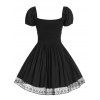 Gothic Dress Puff Sleeve Lace Up Smocked Back Mini Dress Lace Hem Fit And Flare Dress - BLACK S