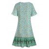 Bohemian Dress Ditsy Elephant Print Shift Dress Front Tie Tassel Flounce Cottagecore Dress Short Sleeve Vacation Dress - LIGHT GREEN L