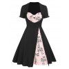Floral Plaid Godet Panel 1950s Vintage Dress - BLACK XXXL
