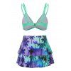 Beach Bikini Swimwear Tropical Palm Swimsuit Twisted Flounce Layered Skort Summer Bathing Suit - GREEN XL