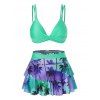 Beach Bikini Swimwear Tropical Palm Swimsuit Twisted Flounce Layered Skort Summer Bathing Suit - GREEN M