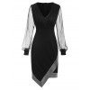 Glitter Mesh Panel Metallic Thread Sheer Surplice Dress - BLACK L