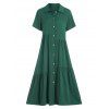 Button Up Flounce Midi Shirt Dress - GREEN M