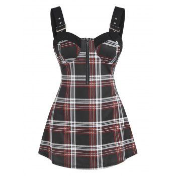 

Plaid Corset Style Buckle Strap Zip Tank Top, Black