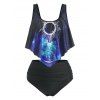 Tummy Control Tankini Swimwear Galaxy Sun Moon Print Swimsuit Flounce Overlay Ruched Summer Beach Bathing Suit - DEEP BLUE L