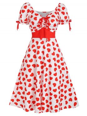 Romantic Vintage Dress Heart Allover Print Cinched Tie V Neck A Line Dress Ruffled Puff Sleeve Dress