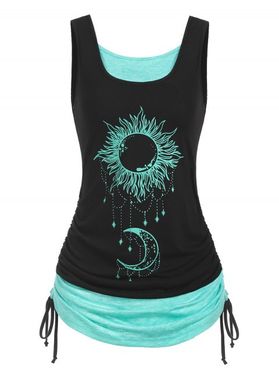 Celestial Sun Moon Floral Print Cinched Ruched Contrast Colorblock Tank Top