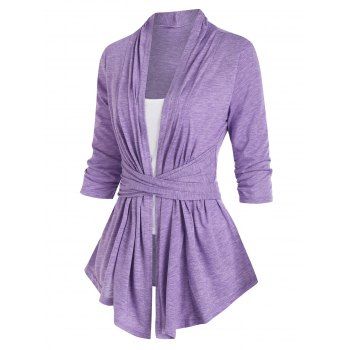 

Shawl Collar Cross Asymmetrical Hem T Shirt with Plain Camisole Set, Light purple