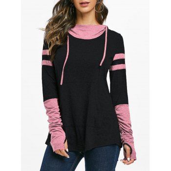 

Hooded Kangaroo Pocket Ruched Contrast Heathered T-shirt, Light pink