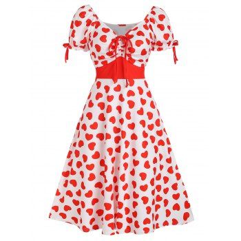 Heart Print Vintage Short Sleeves Cinched Dress dresslily imagine noua 2022