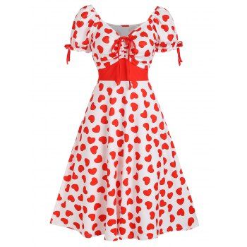 

Heart Print Vintage Short Sleeves Cinched Dress, White