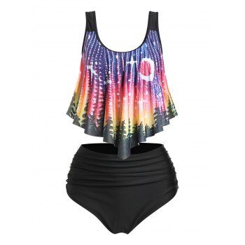 

Dual Strap Printed Draped Ruched Tankini Swimwear, Black
