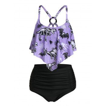 

Tummy Control Tankini Swimwear Dinosaur Skeleton Print Strappy Ruched Cut Out Summer Beach Swimsuit, Light purple