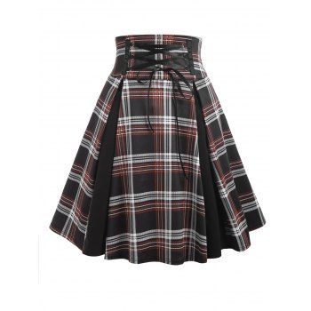 

Plaid Lace Up Godet Vintage Skirt, Black