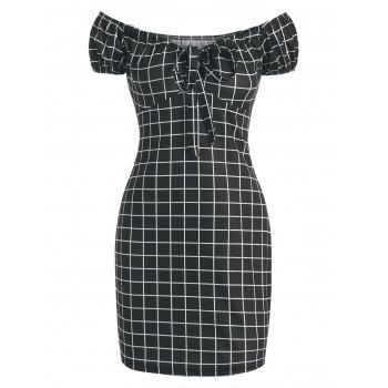 

Plaid Grid Off Shoulder Bowknot Puff Sleeve Bodycon Mini Dress, Black