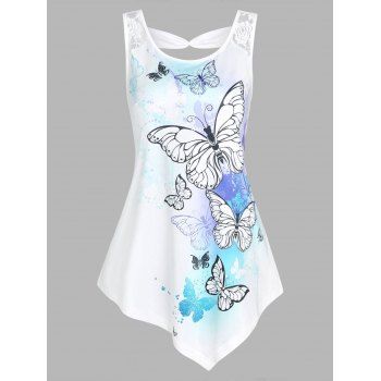 

Vacation Butterflies Print Flower Lace Panel Asymmetric Tank Top, Light blue