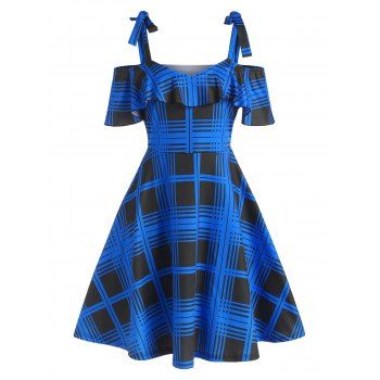 

Plaid Tie Strap Cold Shoulder Cutout Flounce A Line Dress, Multicolor