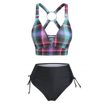 

Vintage Tankini Swimwear Plaid Print High Waisted Swimsuit Cinched Cross O Ring Beach Bathing Suit, Black