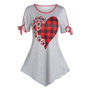 

Plaid Heart Print Bowknot Ringer Asymmetric Tee, Gray