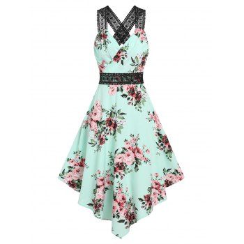

Cross Crochet Panel Flower Surplice Asymmetric Dress, Light green