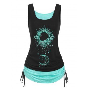 Celestial Sun Moon Print Cinched Ruched Contrast Colorblock Tank Top