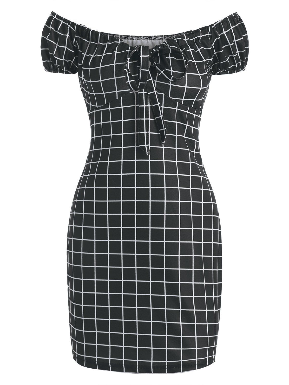 Plaid Grid Off Shoulder Bowknot Puff Sleeve Bodycon Mini Dress - BLACK 2XL