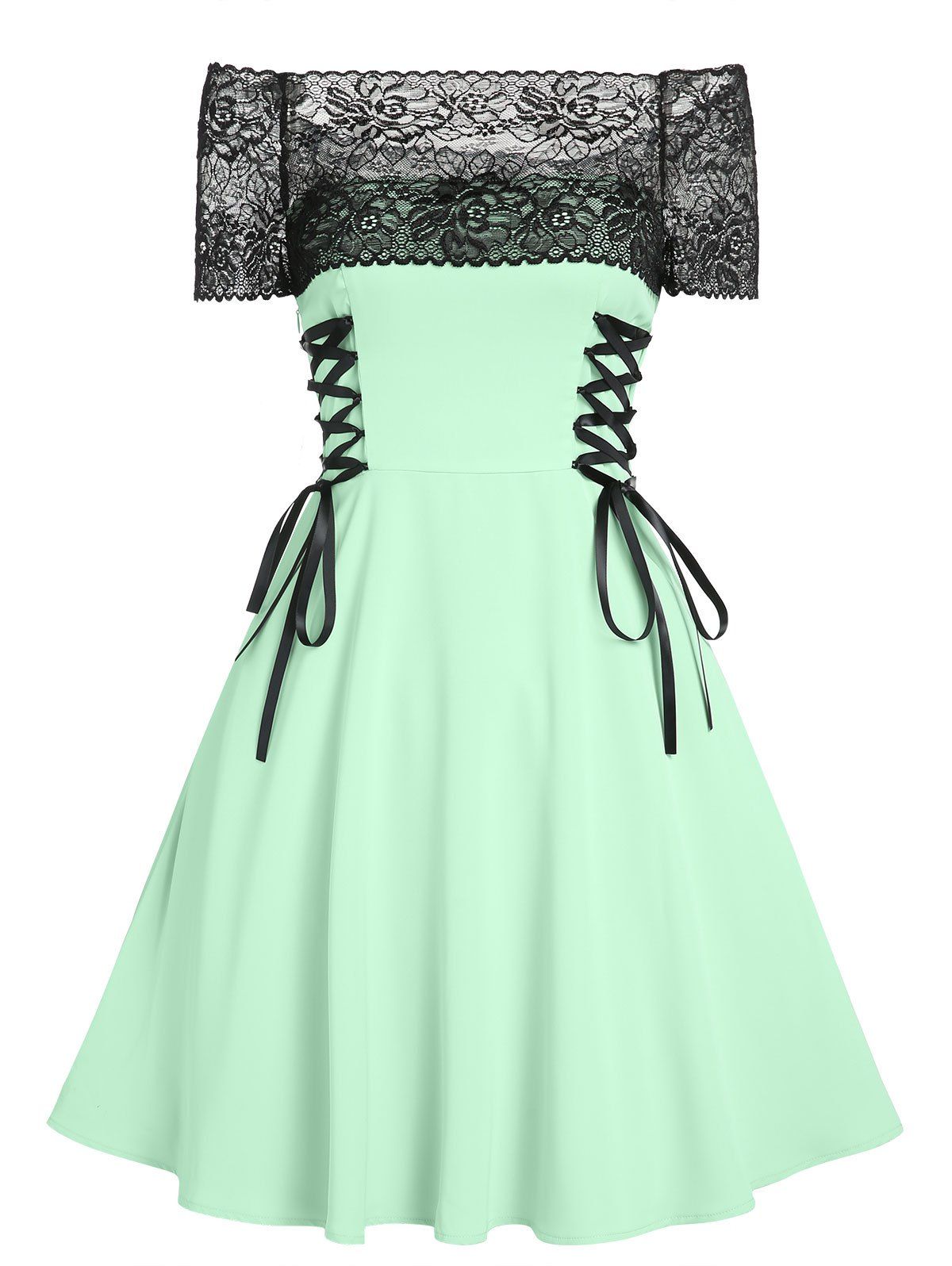 Floral Lace Off Shoulder Dress - LIGHT GREEN XXXL