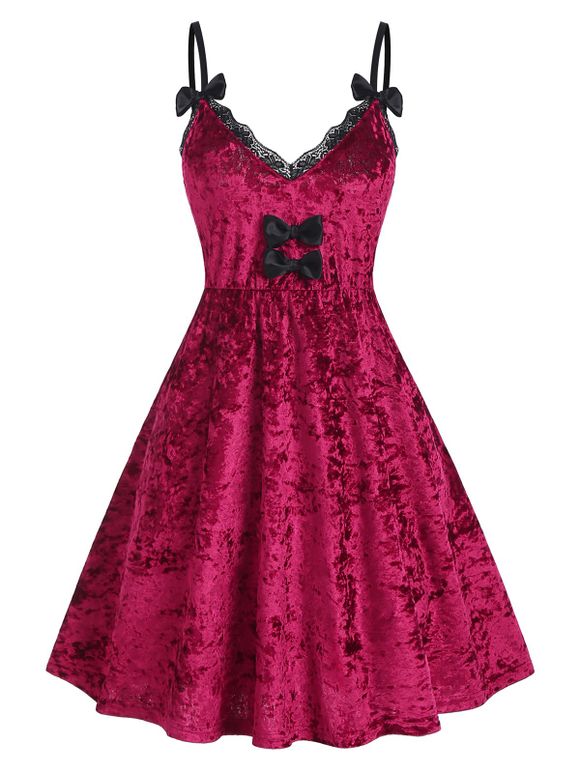 Bowknot Lace Trim Party Velvet Dress - RED XXL