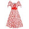 Romantic Vintage Dress Heart Allover Print Cinched Tie V Neck A Line Dress Ruffled Puff Sleeve Dress - WHITE S