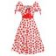 Romantic Vintage Dress Heart Allover Print Cinched Tie V Neck A Line Dress Ruffled Puff Sleeve Dress - WHITE S