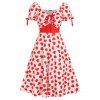 Robe Vintage à Imprimé Cœur Plissée à Manches Courtes en Ligne A à Col V - Blanc XL