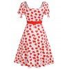 Heart Print Vintage Short Sleeves Cinched Dress - WHITE XXL