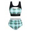 Maillot de Bain Tankini Court Découpé à Carreaux à Coupe Haute à Volants - Vert clair M