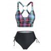 Vintage Tankini Swimwear Plaid Print High Waisted Swimsuit Cinched Cross O Ring Beach Bathing Suit - BLACK XXXL