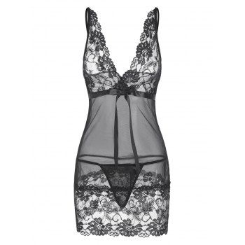 

Lace Panel Mesh Sheer Sexy Babydoll Set, Black