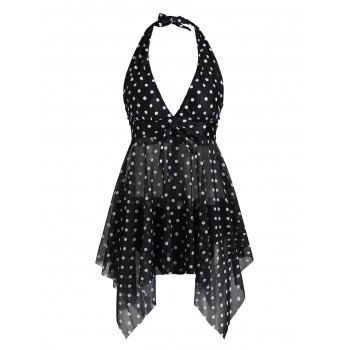 

Gothic Mesh Modest Tankini Swimsuit Polka Dot Floral Handkerchief Swimwear Set, Black