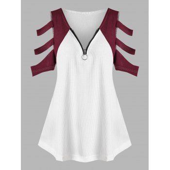 

Ladder Cutout Textured Quarter Zip Two Tone Top, White