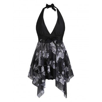 

Polka Dot Floral Mesh Bowknot Handkerchief Tankini Swimwear, White