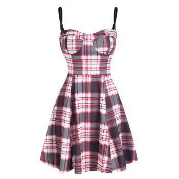 

Retro Plaid Checked Cupped Corset Style Cami Skater Dress, Light pink