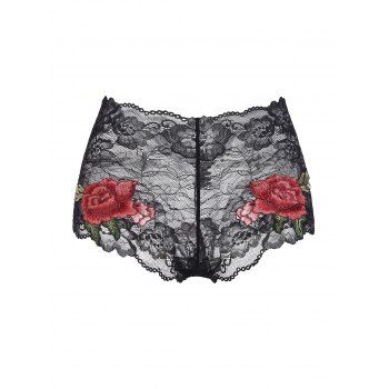 Women Panties Lace Flower Embroidered See Thru Panties M Black