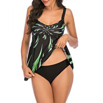 

Cut Out Modest Swimsuit Splash Print Empire Waist Tankini Swimwear, Green