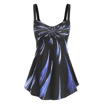 

Cut Out Modest Swimsuit Splash Print Empire Waist Tankini Swimwear, Blue