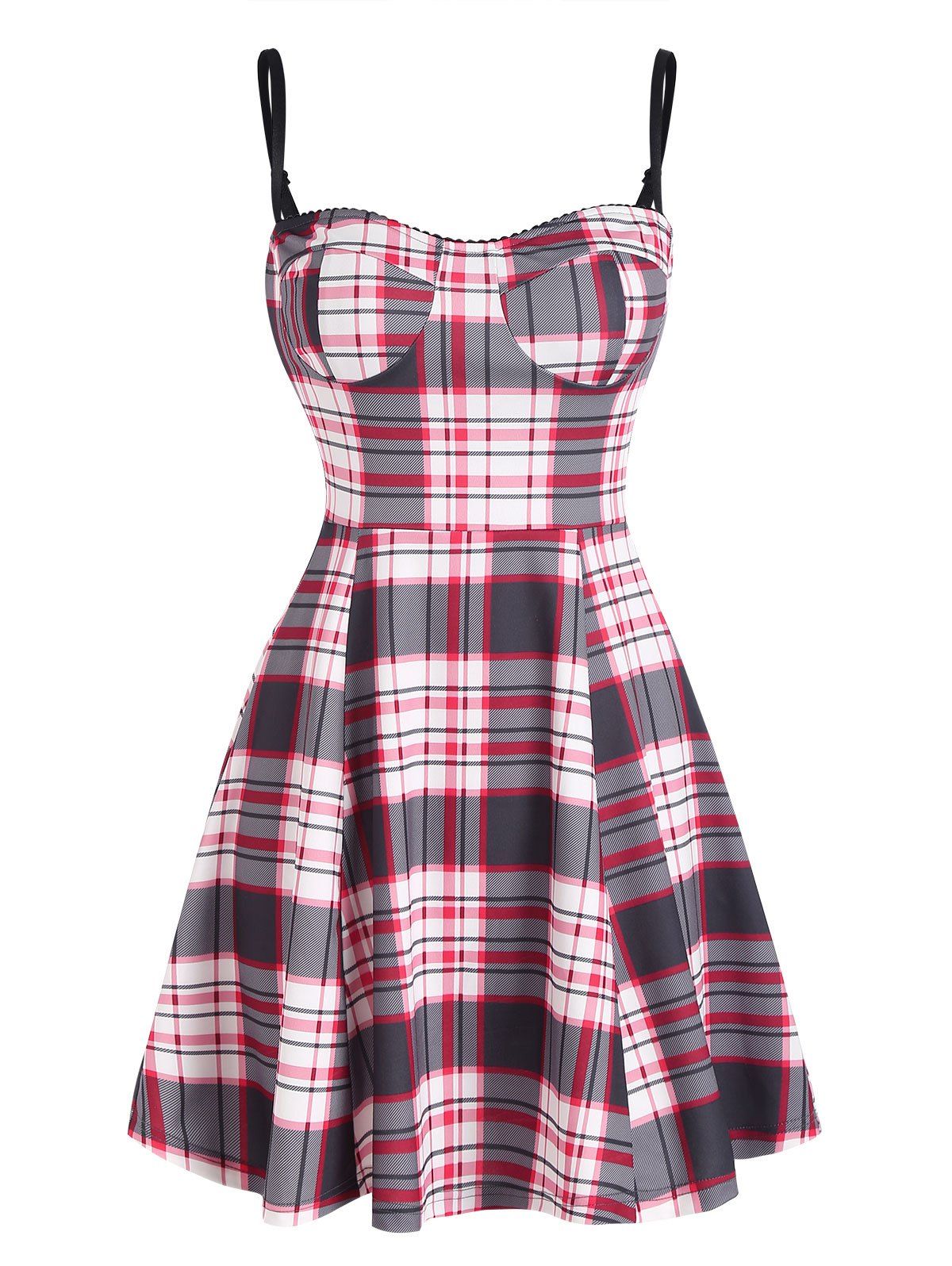 Retro Plaid Checked Cupped Corset Style Cami Skater Dress - LIGHT PINK XL