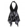 Modest Tankini Swimsuit Gothic Swimwear Mesh Polka Dot Floral Handkerchief Hem Beach Bathing Suit - BLACK S