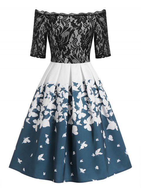 Lace Insert Off Shoulder Butterfly Print Dress